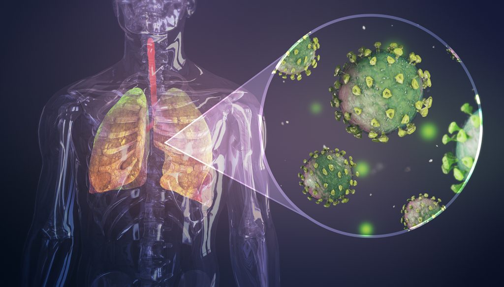 Skeletal image focusing on the lungs with a close up of viruses.